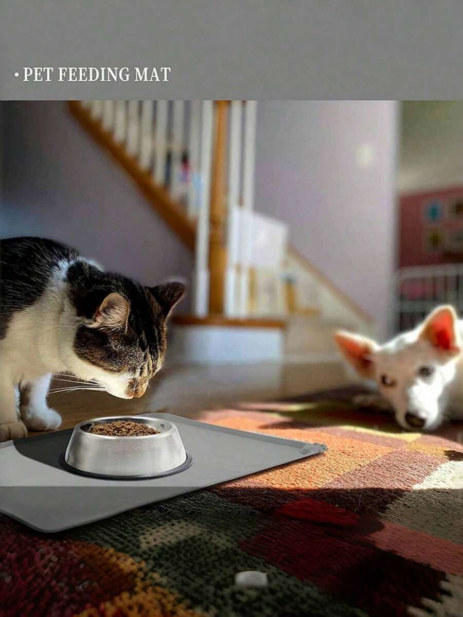 Rectangular solid color silicone pet food bowl mat with non-slip and waterproof surface for dog and cat feeding.