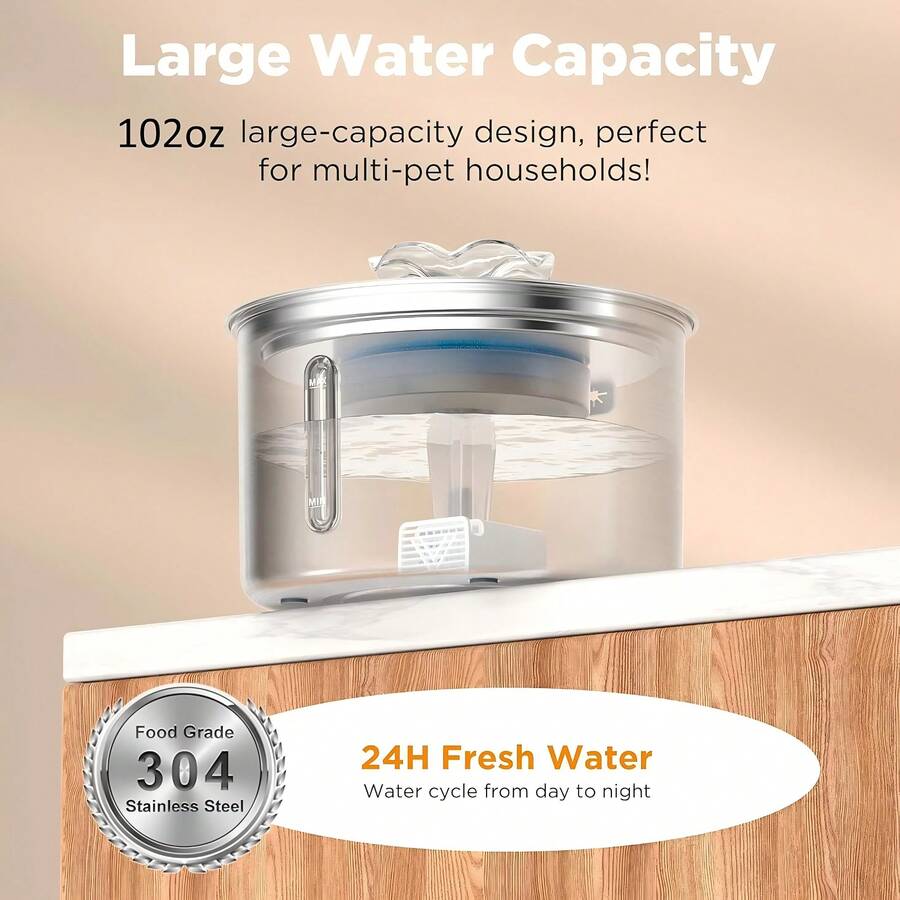 3L stainless steel automatic cat water fountain with quiet USB powered drinking dispenser design for pets