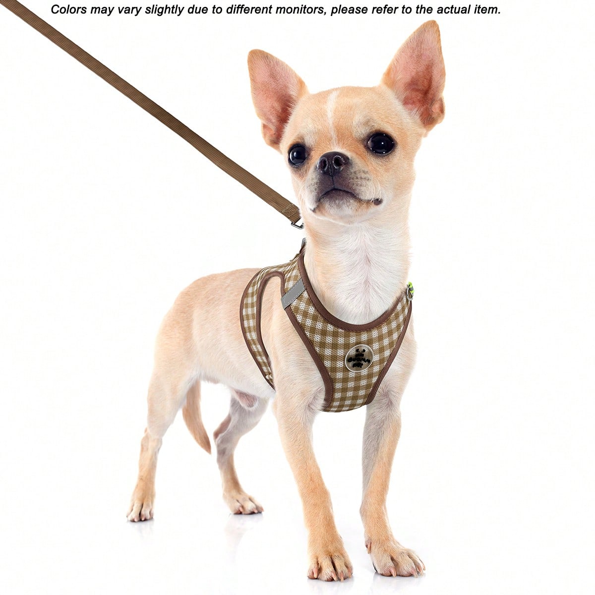 Coffee brown plaid pet harness and leash set made from breathable polyester with reflective strips, suitable for cats and dogs during outdoor walking and night use.
