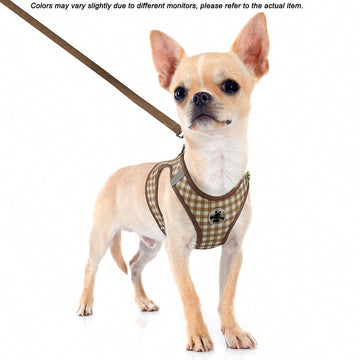 Coffee brown plaid pet harness and leash set made from breathable polyester with reflective strips, suitable for cats and dogs during outdoor walking and night use.