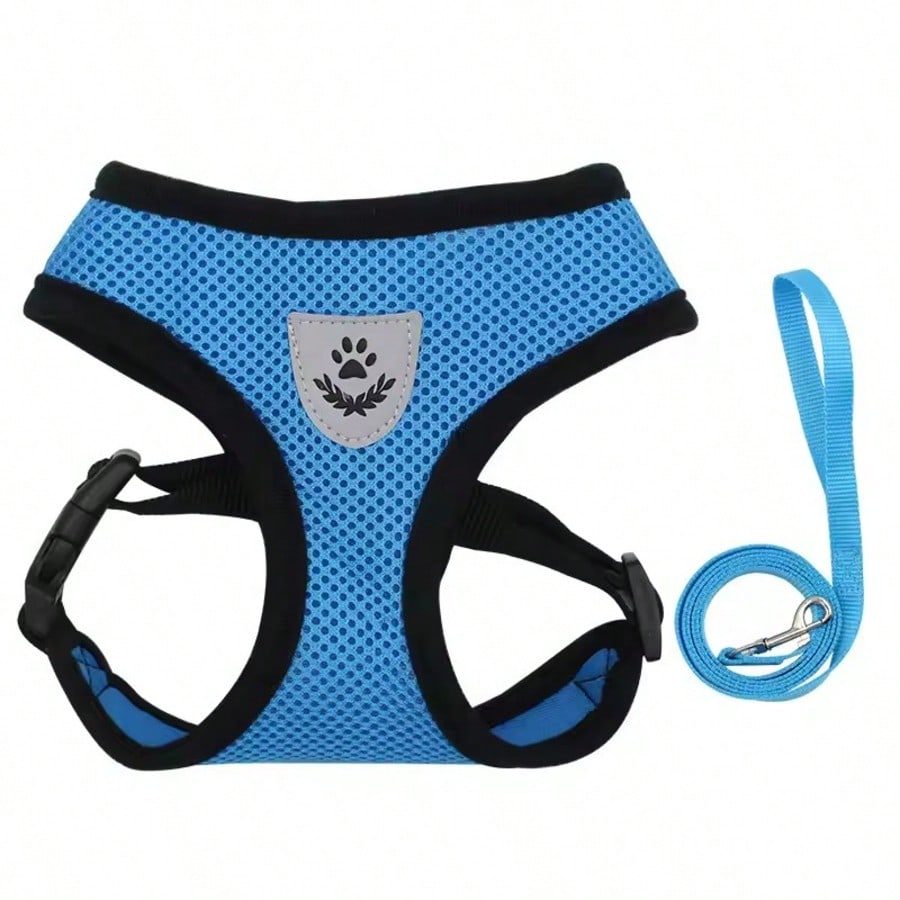 Multicolor polyester pet harness and leash set with breathable mesh, adjustable vest design, reflective details, and cartoon, colorblock, and plant patterns for small dogs and cats.