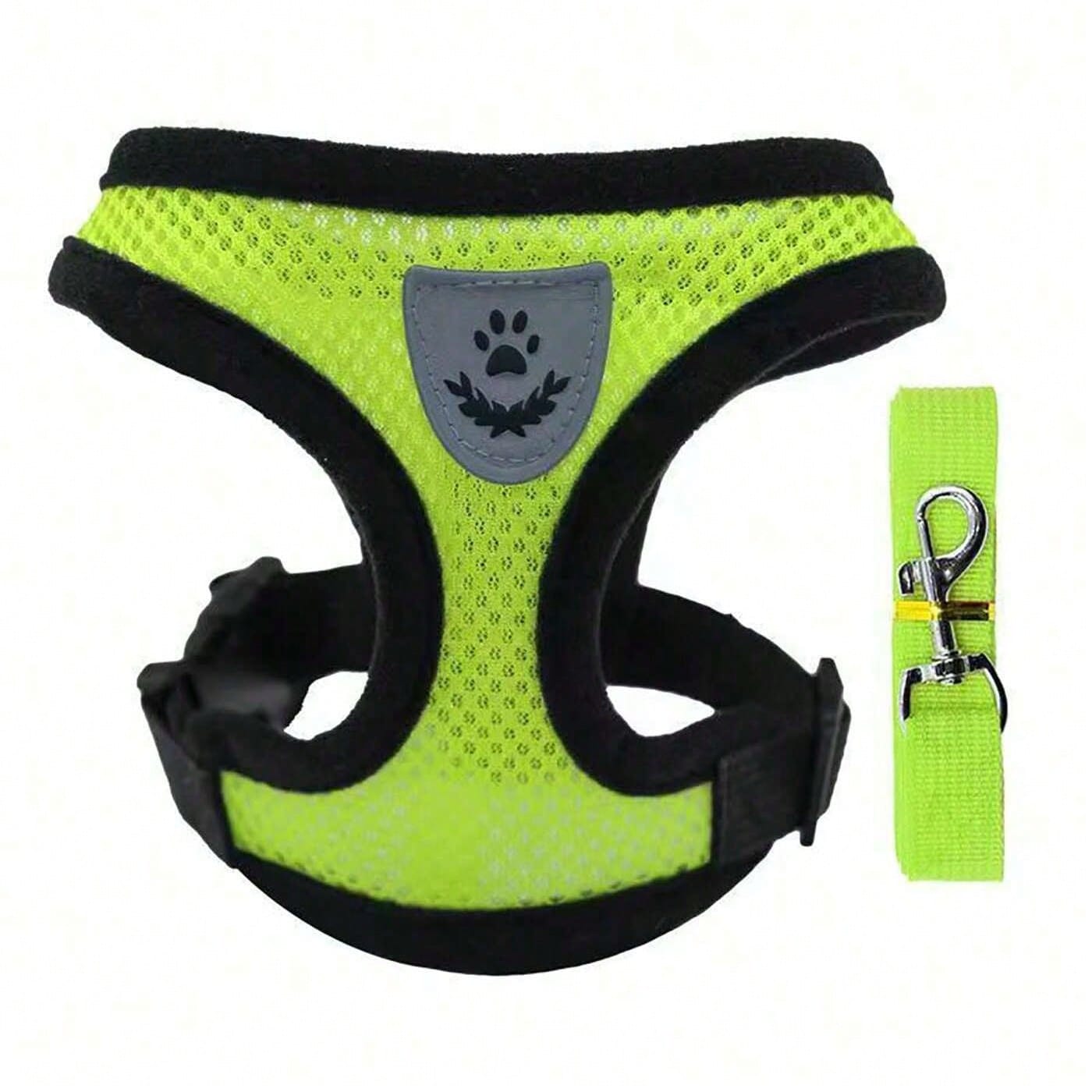 Multicolor polyester pet harness and leash set with breathable mesh, adjustable vest design, reflective details, and cartoon, colorblock, and plant patterns for small dogs and cats.