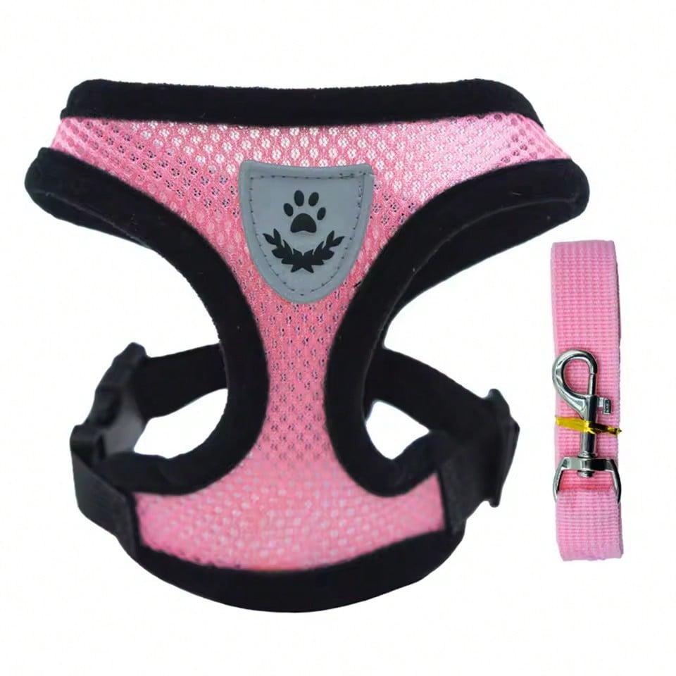 Multicolor polyester pet harness and leash set with breathable mesh, adjustable vest design, reflective details, and cartoon, colorblock, and plant patterns for small dogs and cats.