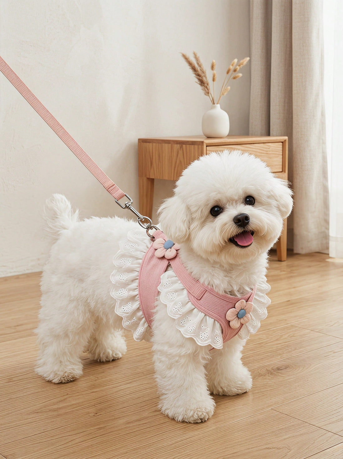 Multicolor floral lace pet harness dress with leash, ruffle edge princess vest outfit for small dogs and cats