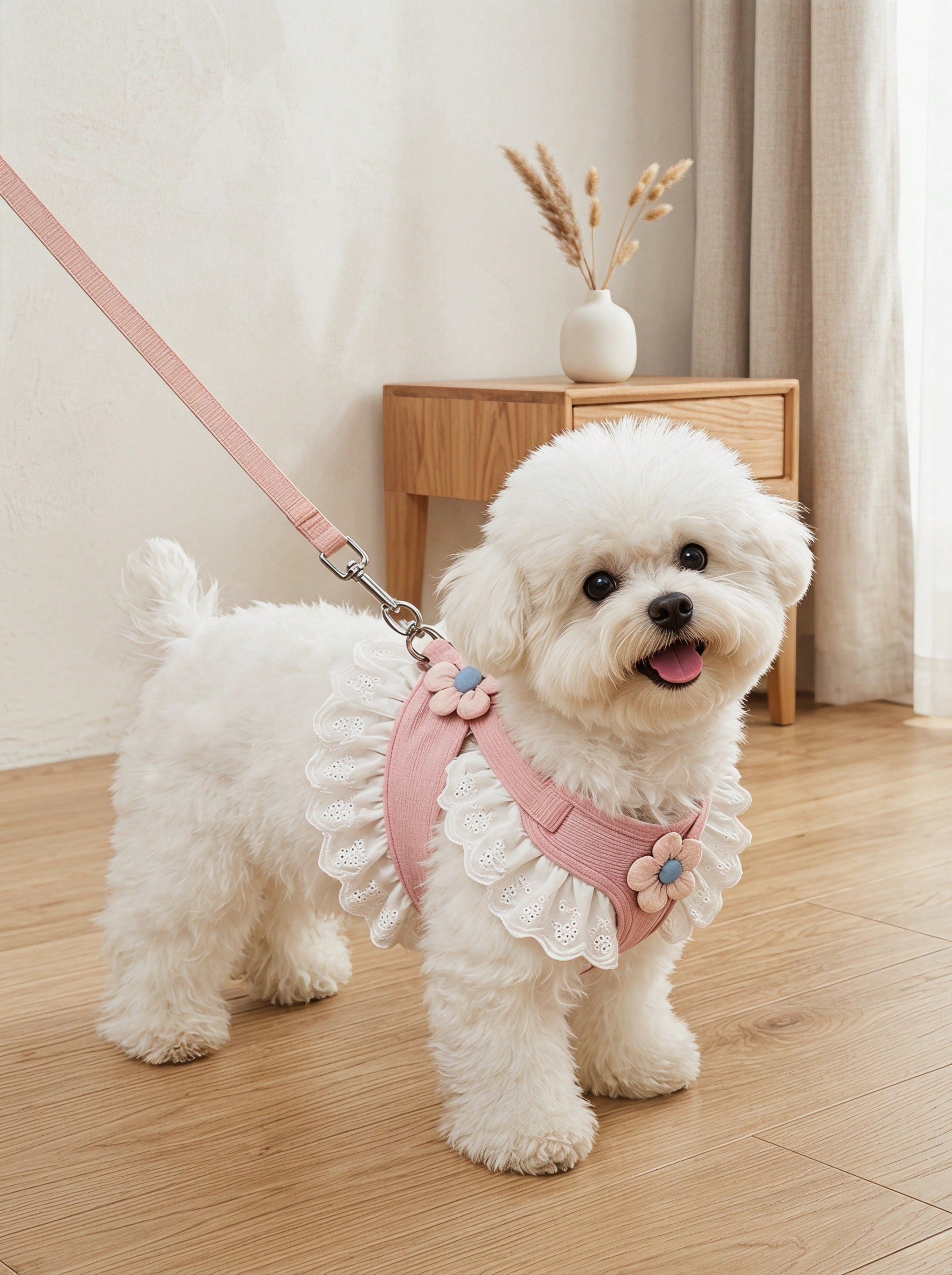 Multicolor floral lace pet harness dress with leash, ruffle edge princess vest outfit for small dogs and cats