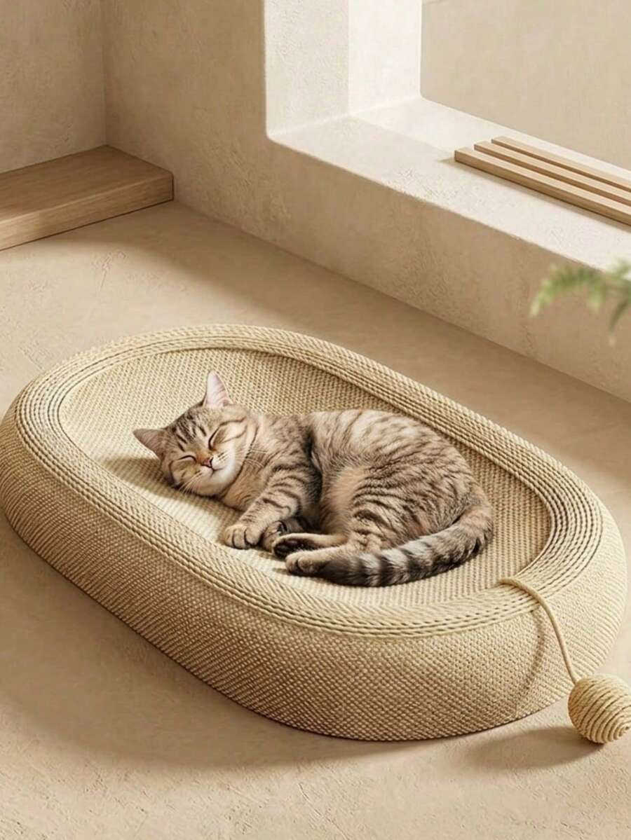 Large oval natural sisal cat scratching board and bed featuring durable non-shedding rope construction for cats.