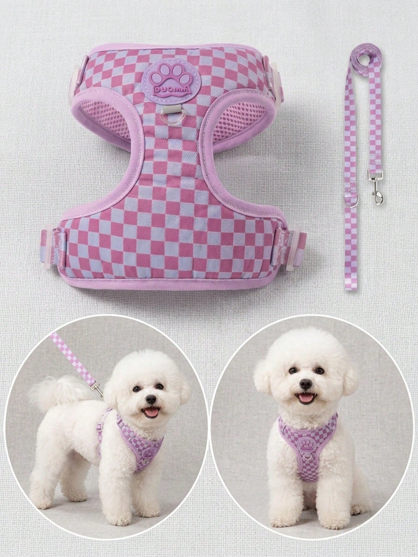 Mauve purple plaid dog harness and leash set made of polyester mesh, adjustable for small cats or dogs, with back ring and waste bag holder for walking and training.