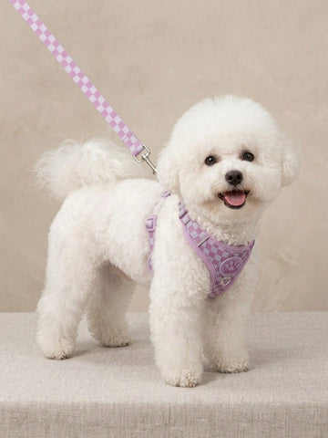 Mauve purple plaid dog harness and leash set made of polyester mesh, adjustable for small cats or dogs, with back ring and waste bag holder for walking and training.