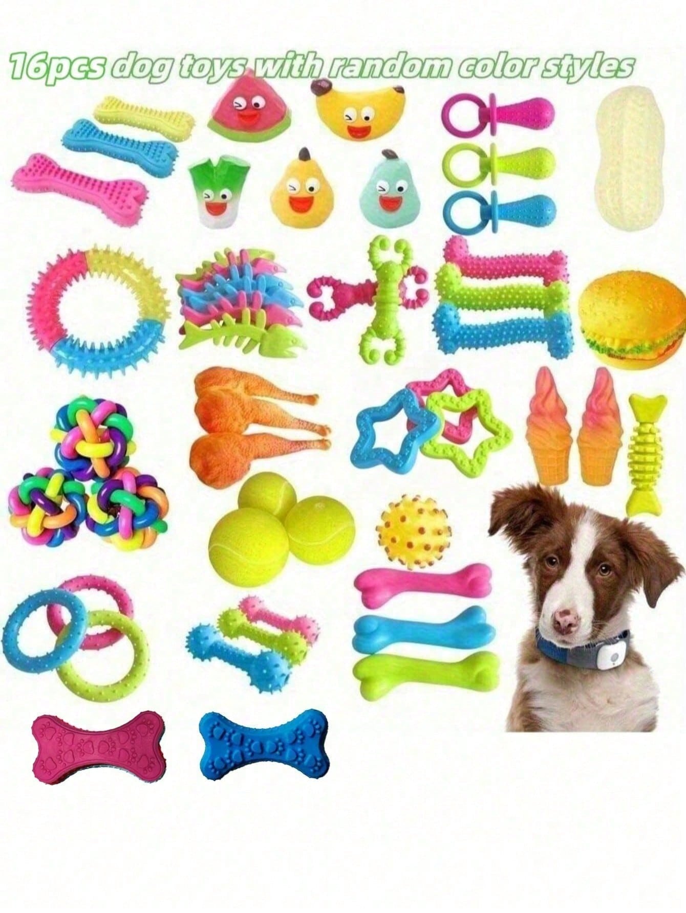 16-Piece Pack Of Sturdy, Bite-Resistant And Teething Dog Chew Toys - Spring/Summer Outdoor Vent Interactive Training Teething Toys In A Variety Of Shapes And Textures, Plastic Materials, Colors And Styles Cool It Is Suitable For Medium And Small-Sized