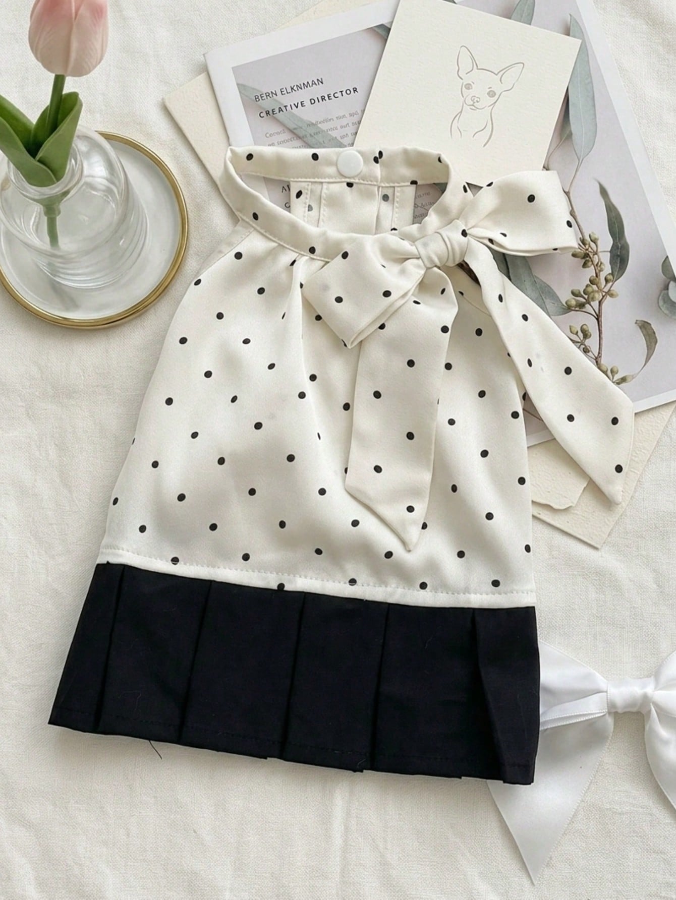 1 Piece French-Style Polka Dot Pet Pleated Patchwork Dress With Halter Neck & Bow Accent, Ultra Cool And Breathable, Suitable For Small To Medium-Sized Dogs & Cats In Spring And Summer