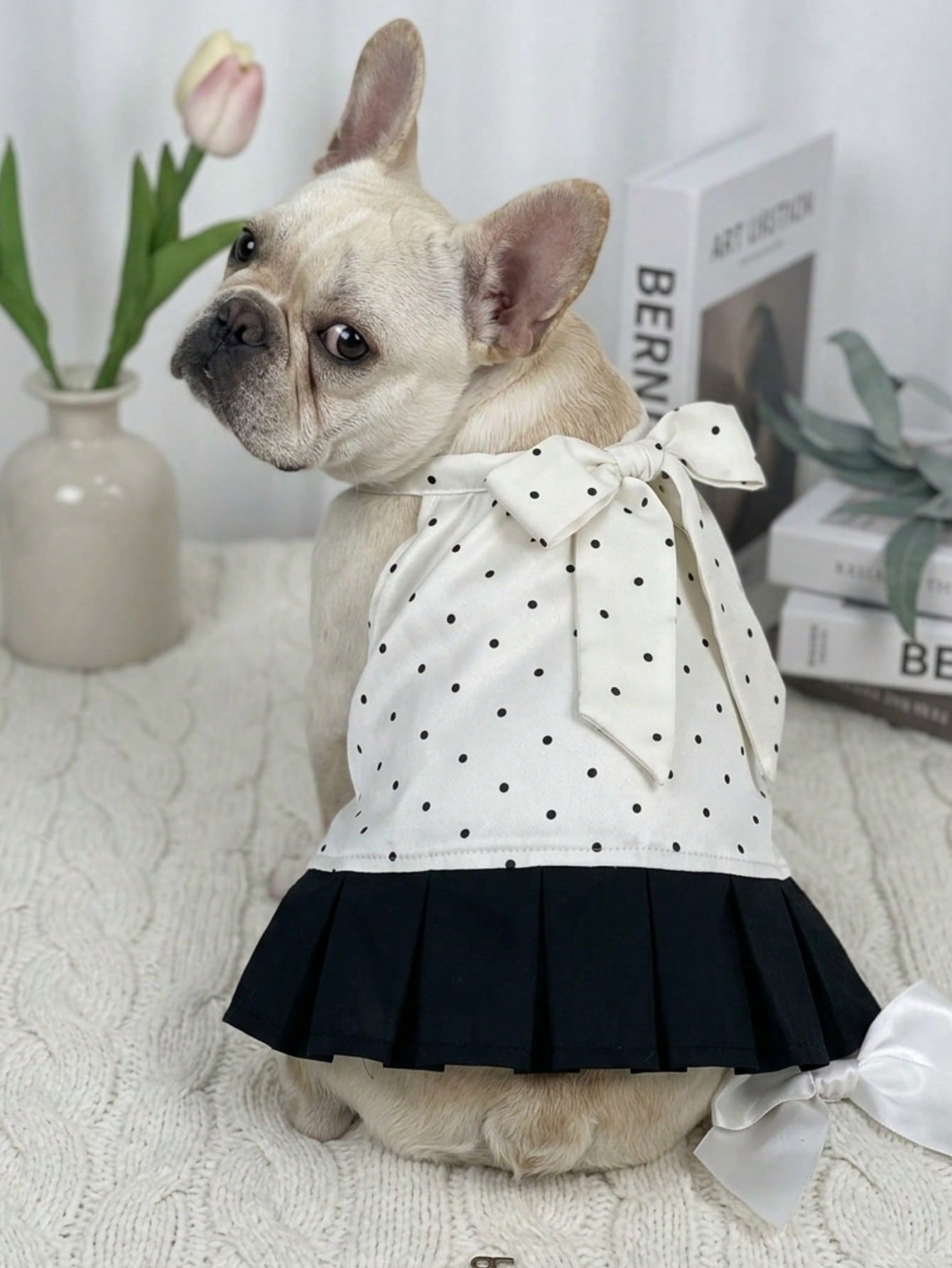 1 Piece French-Style Polka Dot Pet Pleated Patchwork Dress With Halter Neck & Bow Accent, Ultra Cool And Breathable, Suitable For Small To Medium-Sized Dogs & Cats In Spring And Summer
