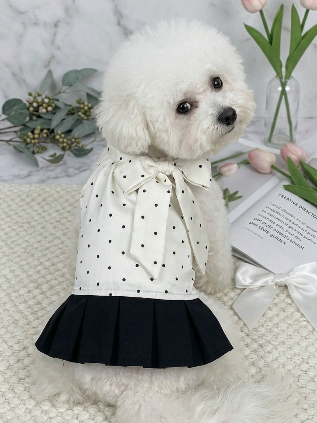 1 Piece French-Style Polka Dot Pet Pleated Patchwork Dress With Halter Neck & Bow Accent, Ultra Cool And Breathable, Suitable For Small To Medium-Sized Dogs & Cats In Spring And Summer