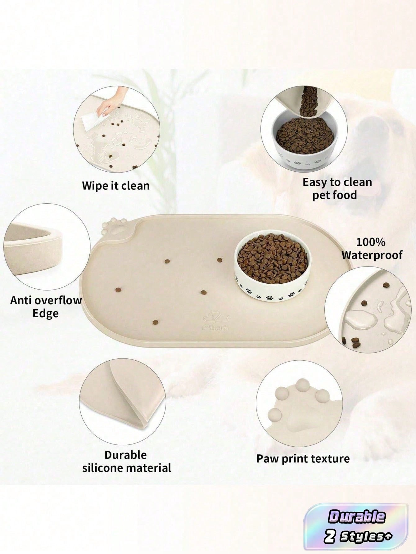 Black and white cartoon diatomite pet feeding mat placed under dog and cat food and water bowls to catch spills.
