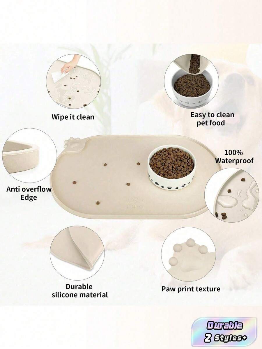 Black and white cartoon diatomite pet feeding mat placed under dog and cat food and water bowls to catch spills.
