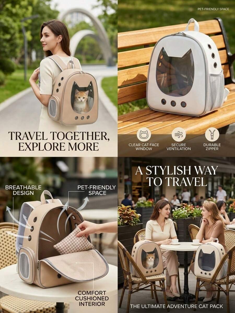 Multicolor double-shoulder cat backpack carrier made of PU material, designed for outdoor travel with cats and small dogs.