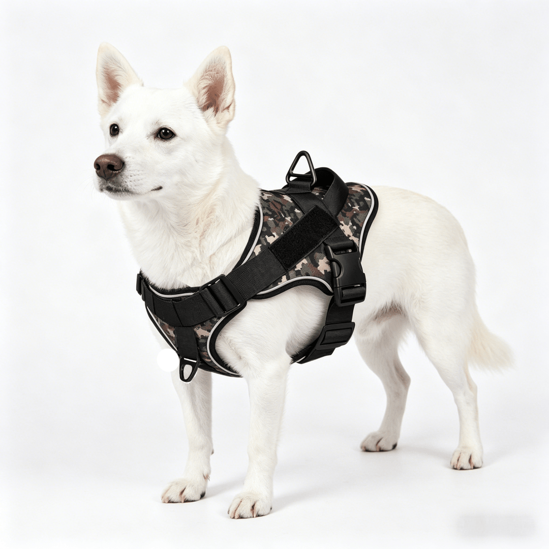 Tactical dog harness vest with reinforced control handle and breathable mesh design for medium to large dogs during walking, training, and hiking