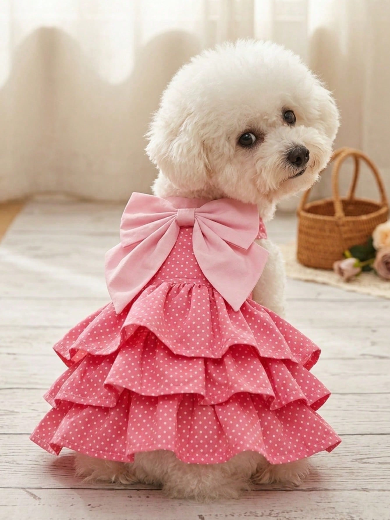 Pink Polka Dot Pet Princess Dress With Big Bow & Multi-Layer Cake Skirt, Ideal Birthday Party & Outdoor Outfit For Dogs And Cats