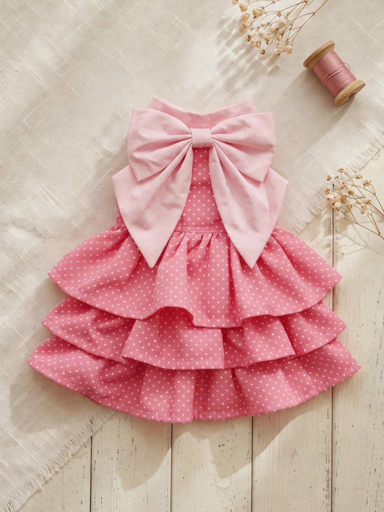 Pink Polka Dot Pet Princess Dress With Big Bow & Multi-Layer Cake Skirt, Ideal Birthday Party & Outdoor Outfit For Dogs And Cats