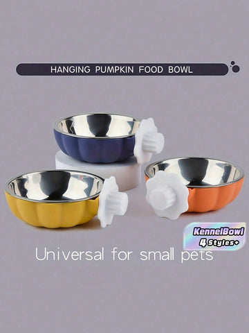 Orange pumpkin shaped raised pet bowl with a detachable stainless steel insert for small animals.