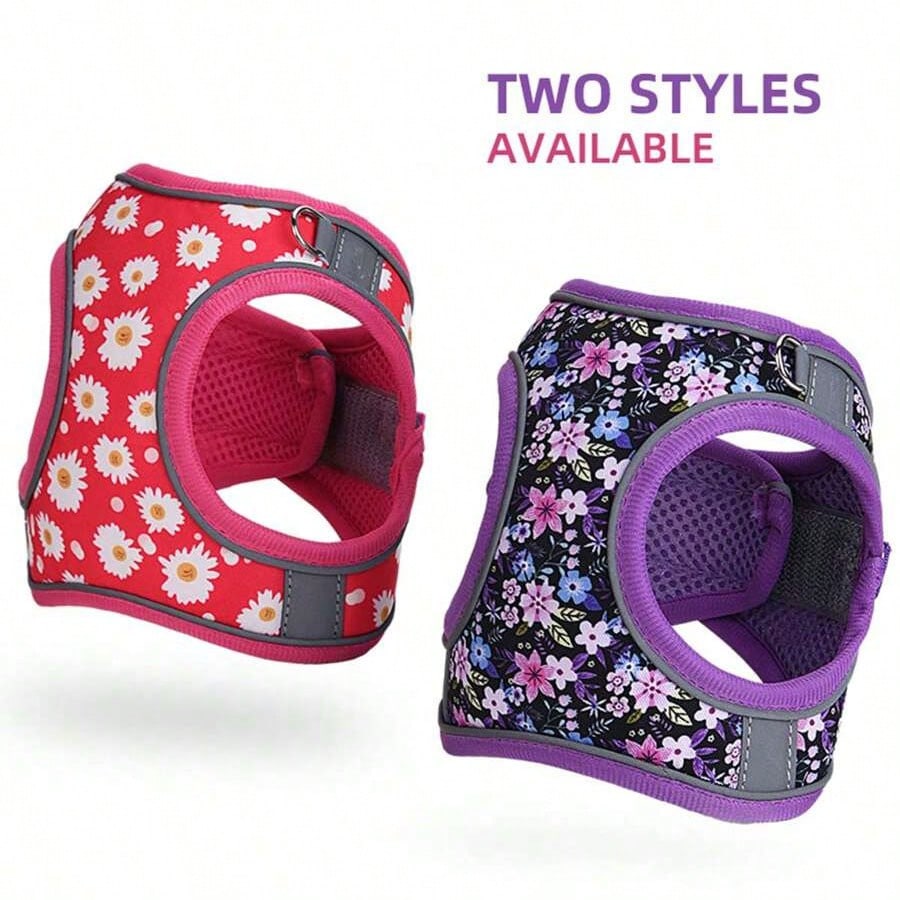 Multicolor floral step-in dog harness and leash set with adjustable soft mesh padded polyester vest for cats and dogs