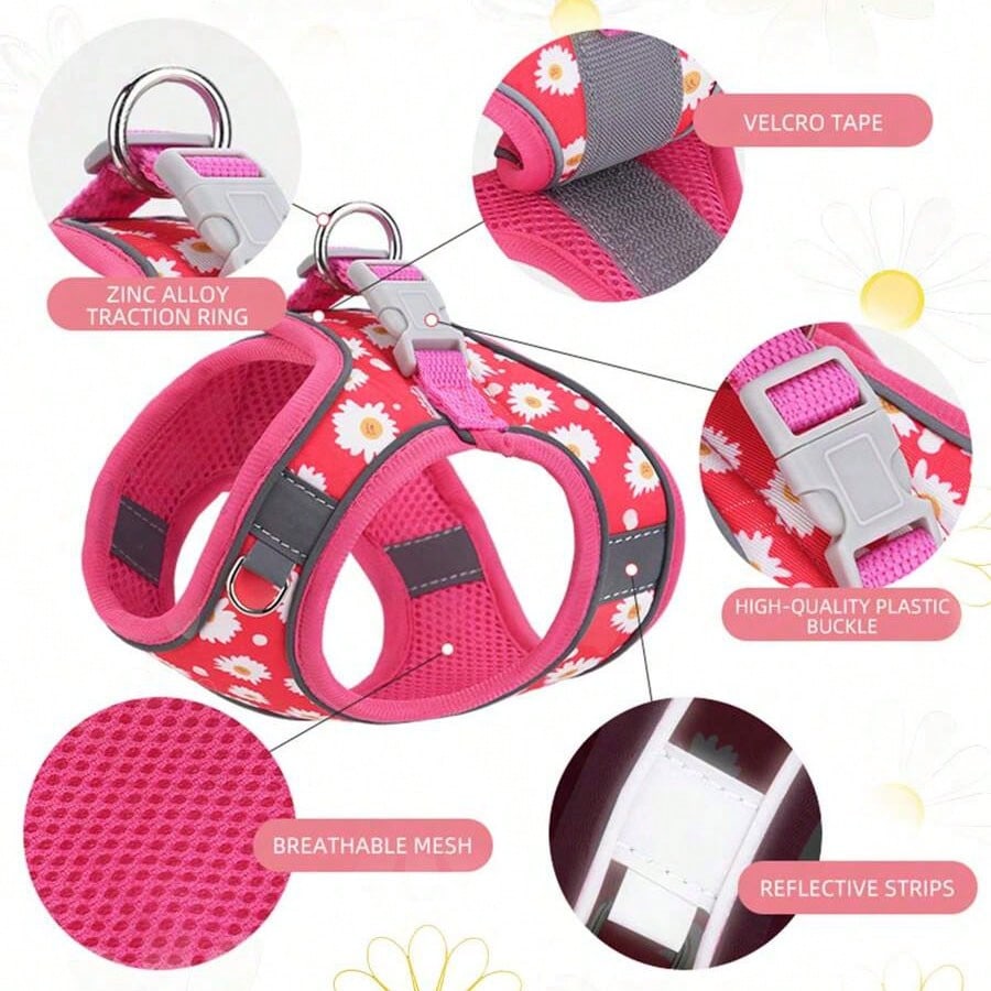 Multicolor floral step-in dog harness and leash set with adjustable soft mesh padded polyester vest for cats and dogs