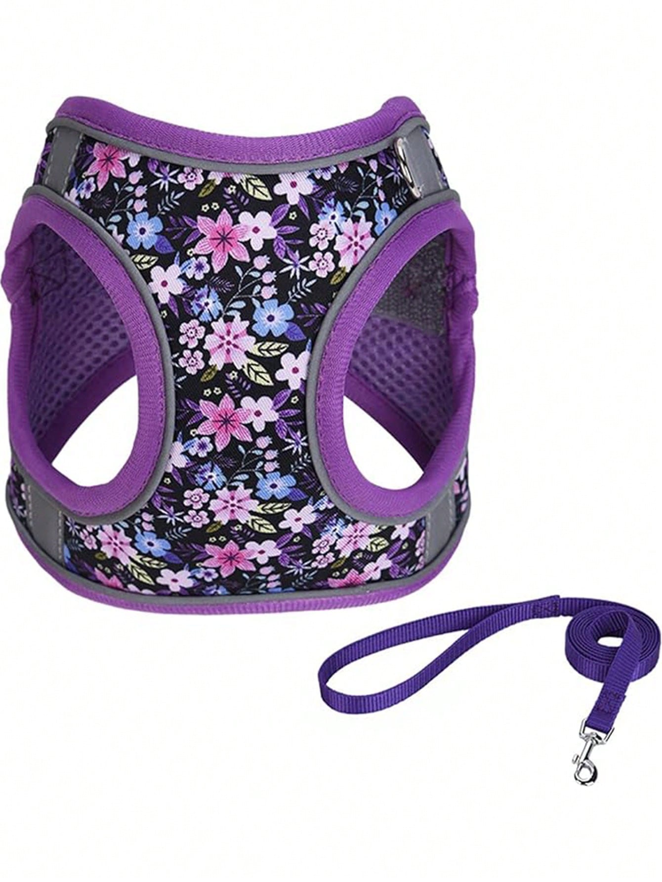 Multicolor floral step-in dog harness and leash set with adjustable soft mesh padded polyester vest for cats and dogs