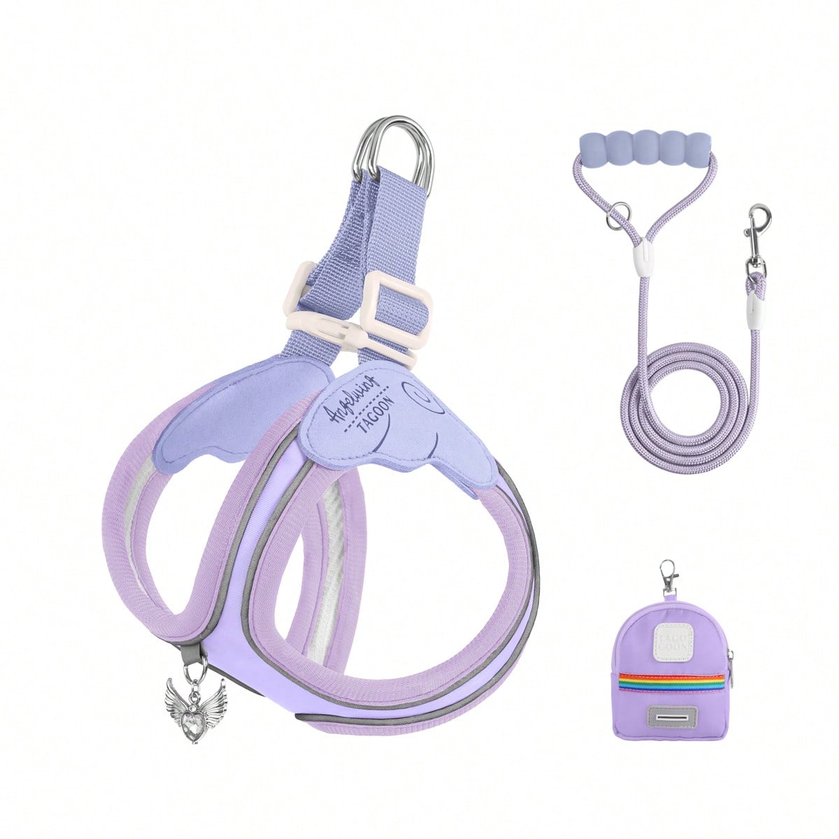Multicolor colorblock polyester dog harness and leash set with lightweight chest strap and soft handle for small dogs and large cats