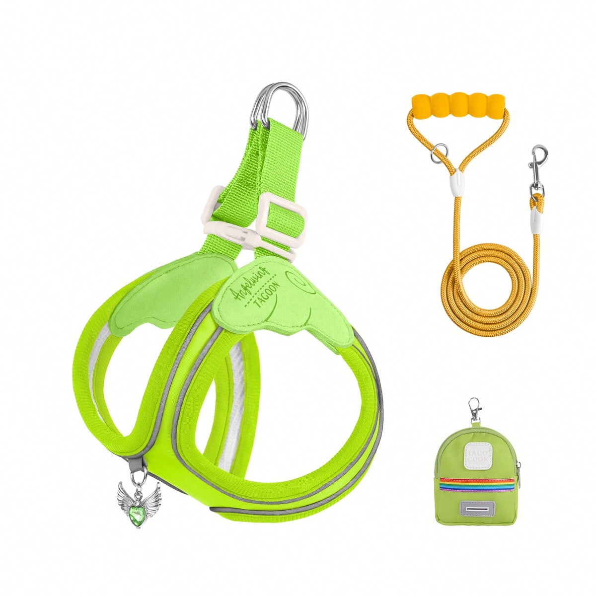 Multicolor colorblock polyester dog harness and leash set with lightweight chest strap and soft handle for small dogs and large cats