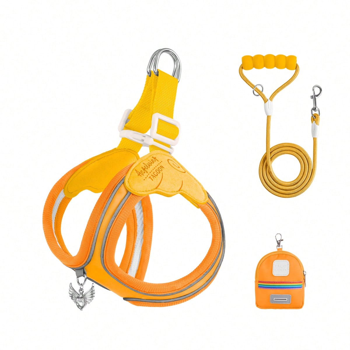 Multicolor colorblock polyester dog harness and leash set with lightweight chest strap and soft handle for small dogs and large cats