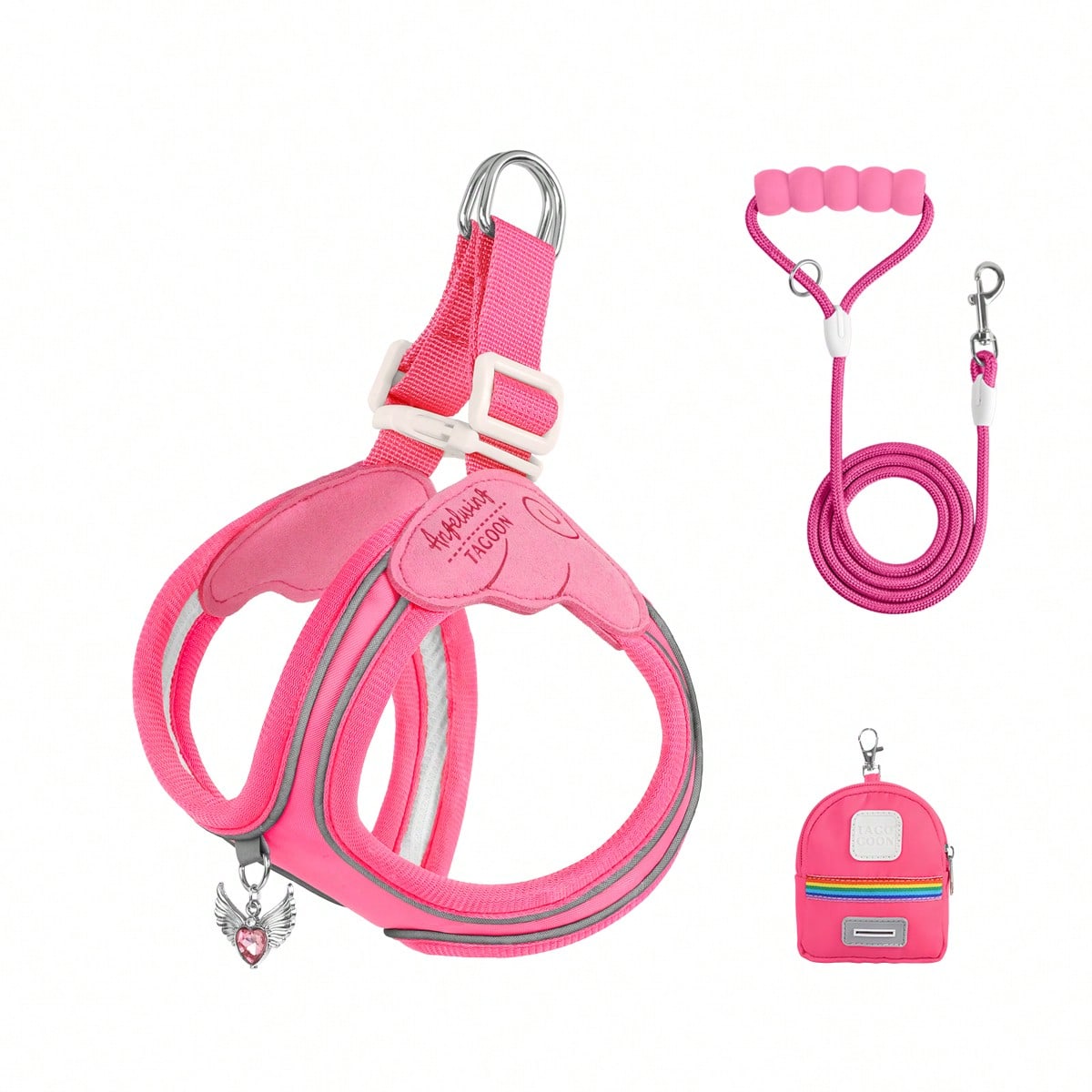 Multicolor colorblock polyester dog harness and leash set with lightweight chest strap and soft handle for small dogs and large cats