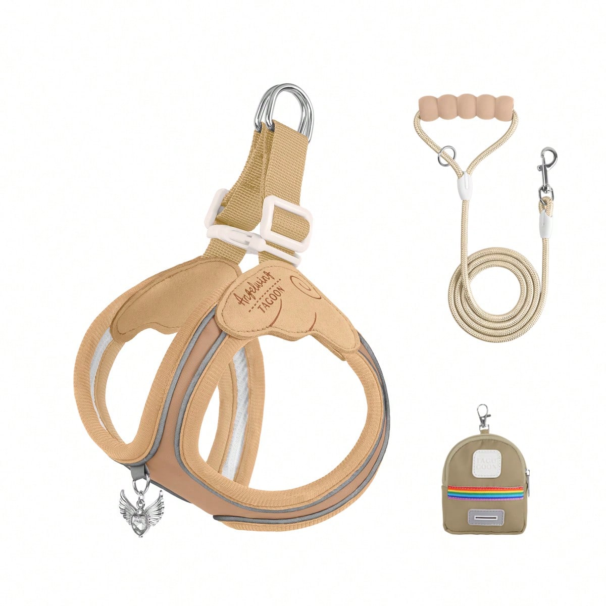 Multicolor colorblock polyester dog harness and leash set with lightweight chest strap and soft handle for small dogs and large cats