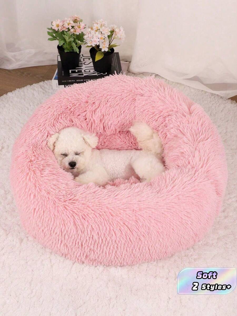 Pink plush round pet bed soft sleep cushion for cats and dogs filled with polypropylene fibers