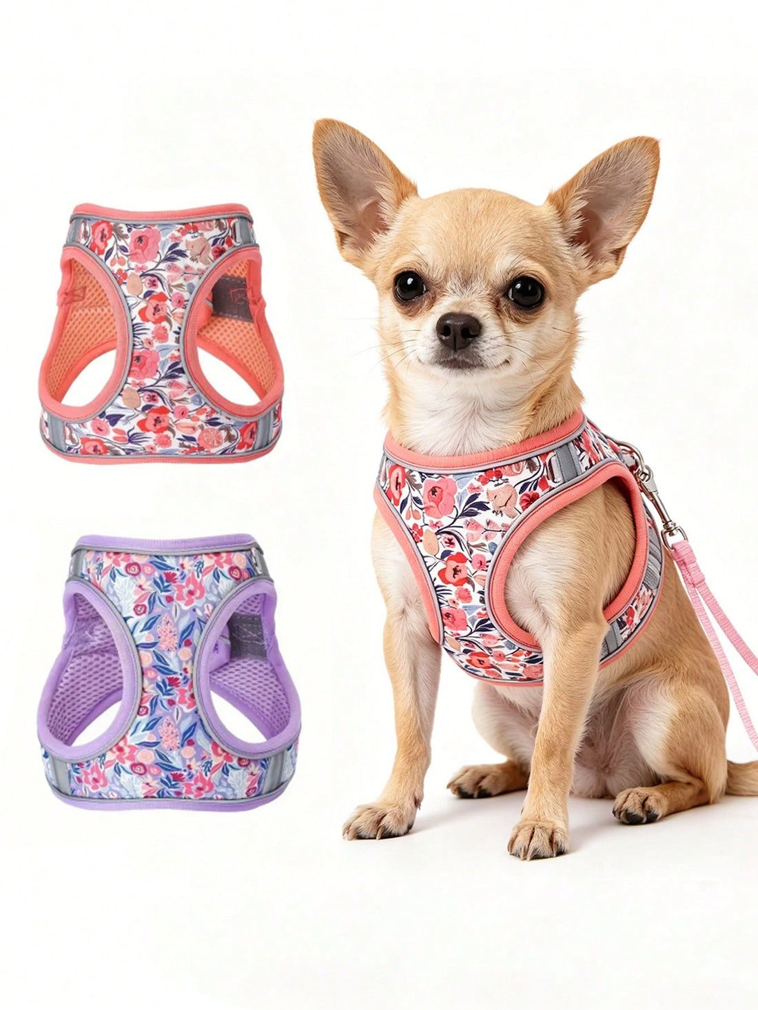 Floral patterned multicolor polyester pet harness with leash set for cats and dogs, featuring adjustable fit and reflective detail for walks