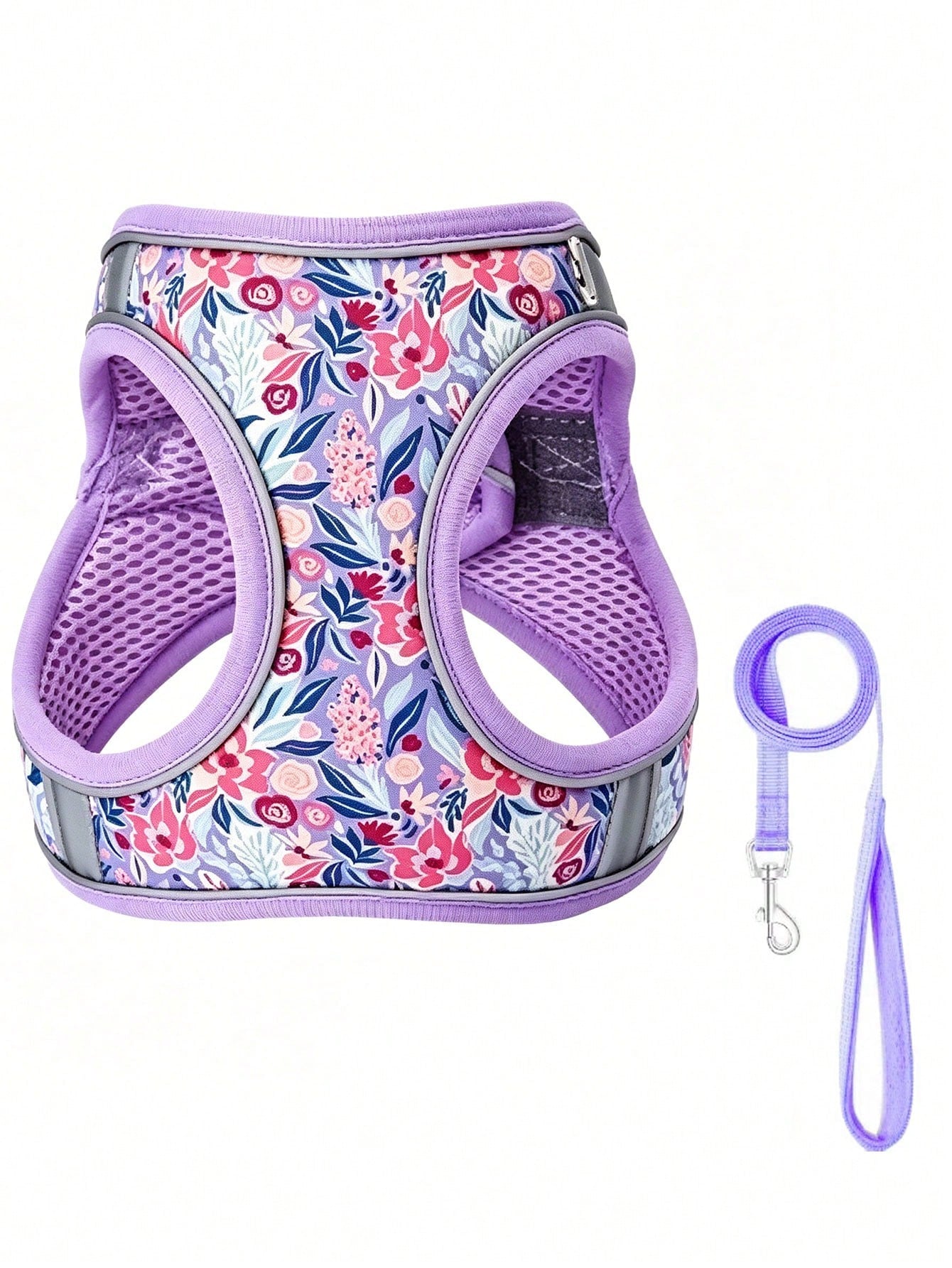 Floral patterned multicolor polyester pet harness with leash set for cats and dogs, featuring adjustable fit and reflective detail for walks