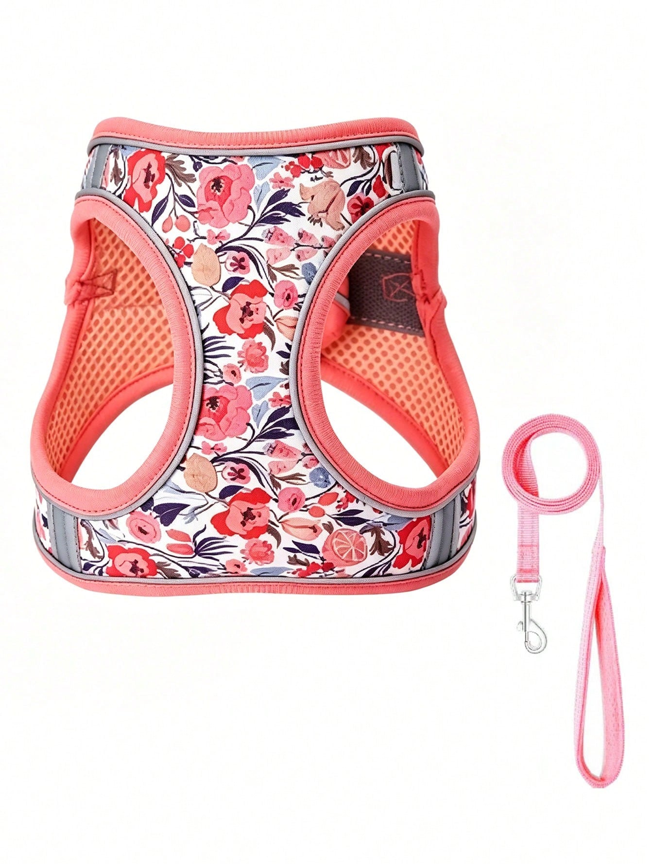 Floral patterned multicolor polyester pet harness with leash set for cats and dogs, featuring adjustable fit and reflective detail for walks