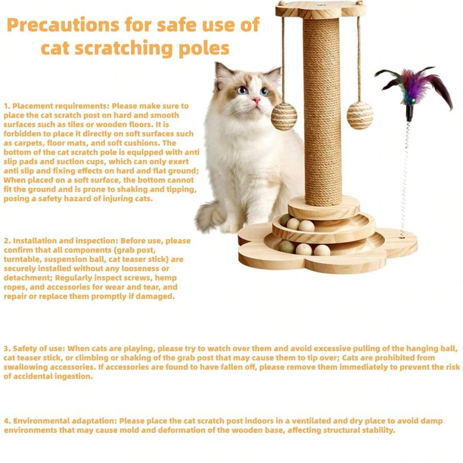 Multicolor wooden cat scratch pole activity center featuring a scratching post, two horizontal ball tracks, an interactive feather toy, and hanging sisal balls.