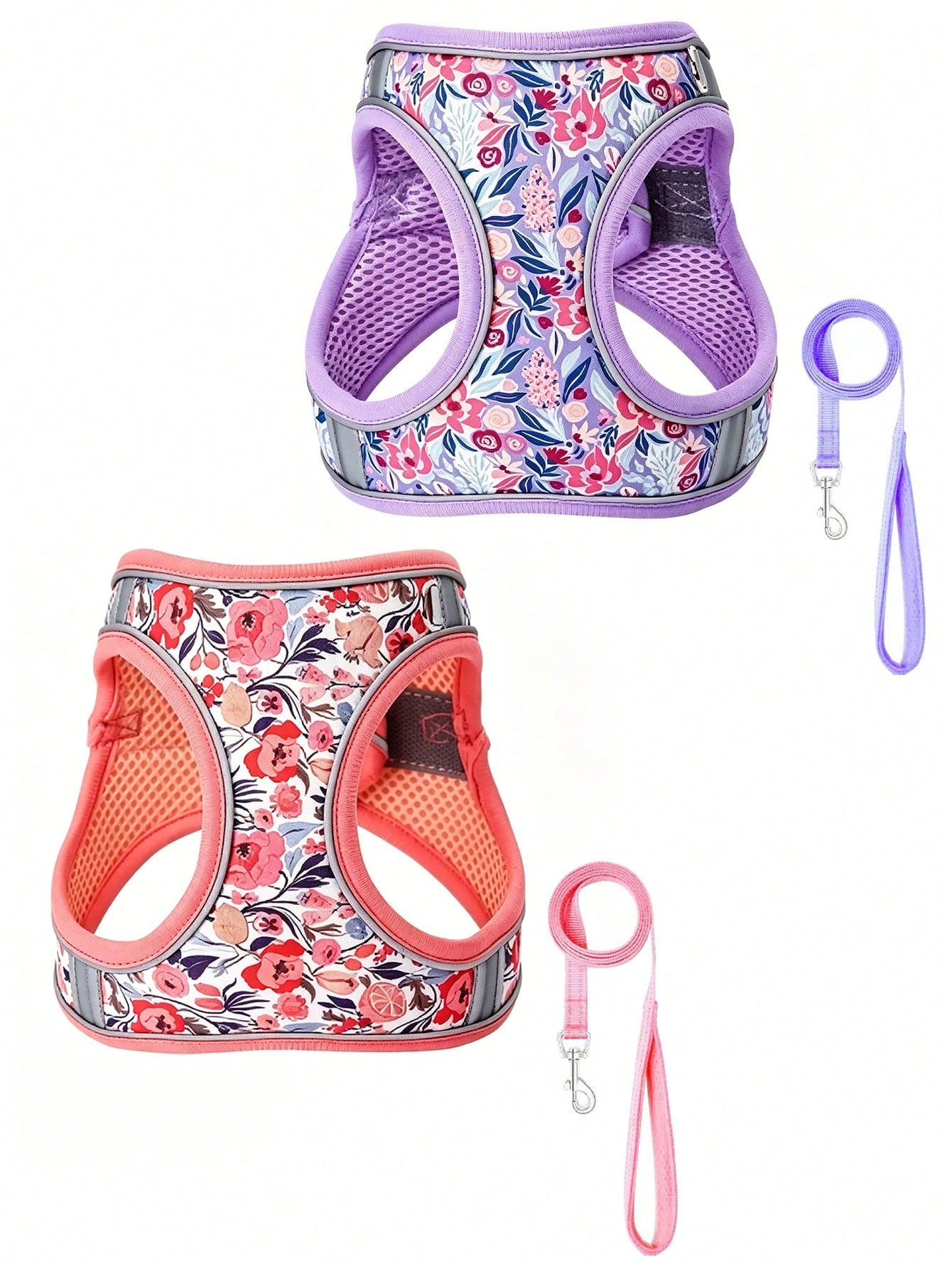 Floral patterned multicolor polyester pet harness with leash set for cats and dogs, featuring adjustable fit and reflective detail for walks