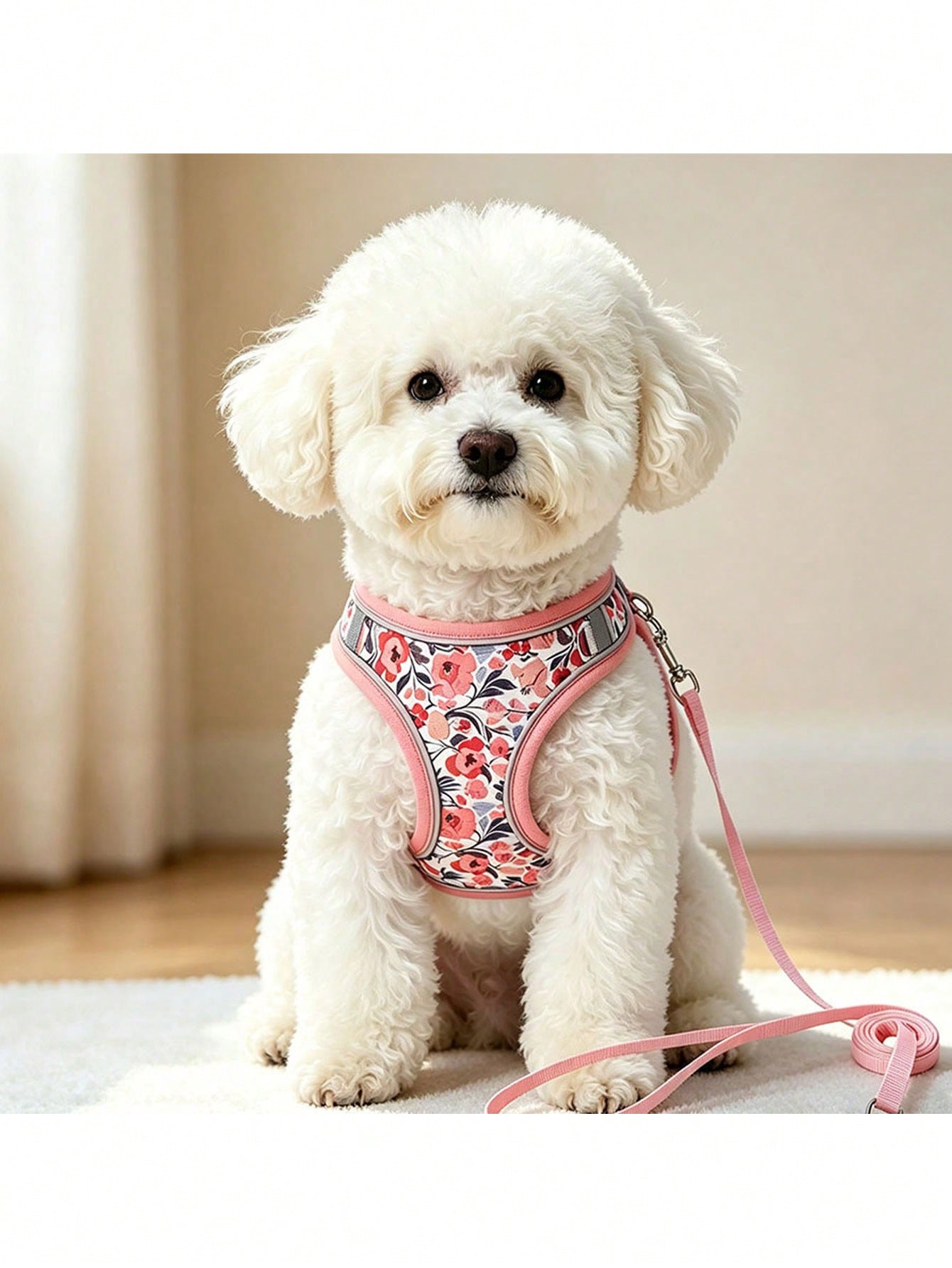 Floral patterned multicolor polyester pet harness with leash set for cats and dogs, featuring adjustable fit and reflective detail for walks