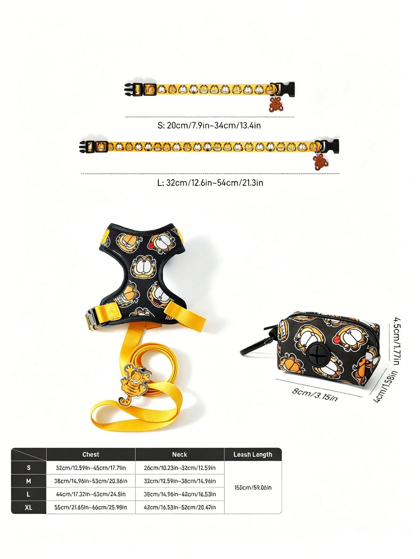 Multicolor cartoon pattern pet collar and leash set with adjustable polyester straps and portable storage bag for cats and dogs