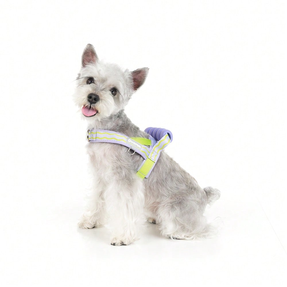Pink polyester dog harness vest with top handle, D-ring leash attachment, adjustable straps, breathable mesh lining, and reflective wave pattern for small to medium dogs.