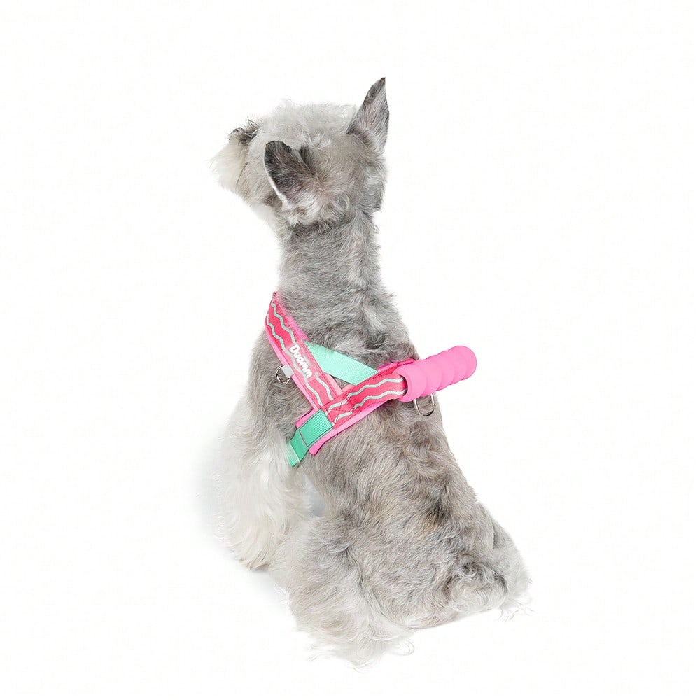 Multicolor foam dog harness with breathable mesh lining, top handle, D-ring leash attachment, adjustable strap, and reflective wave pattern for small and medium dogs
