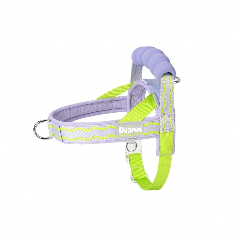 Multicolor foam dog harness with breathable mesh lining, top handle, D-ring leash attachment, adjustable strap, and reflective wave pattern for small and medium dogs