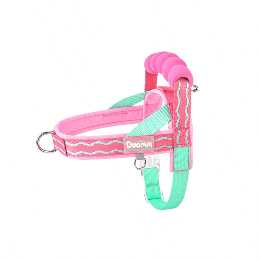 Pink polyester dog harness vest with top handle, D-ring leash attachment, adjustable straps, breathable mesh lining, and reflective wave pattern for small to medium dogs.