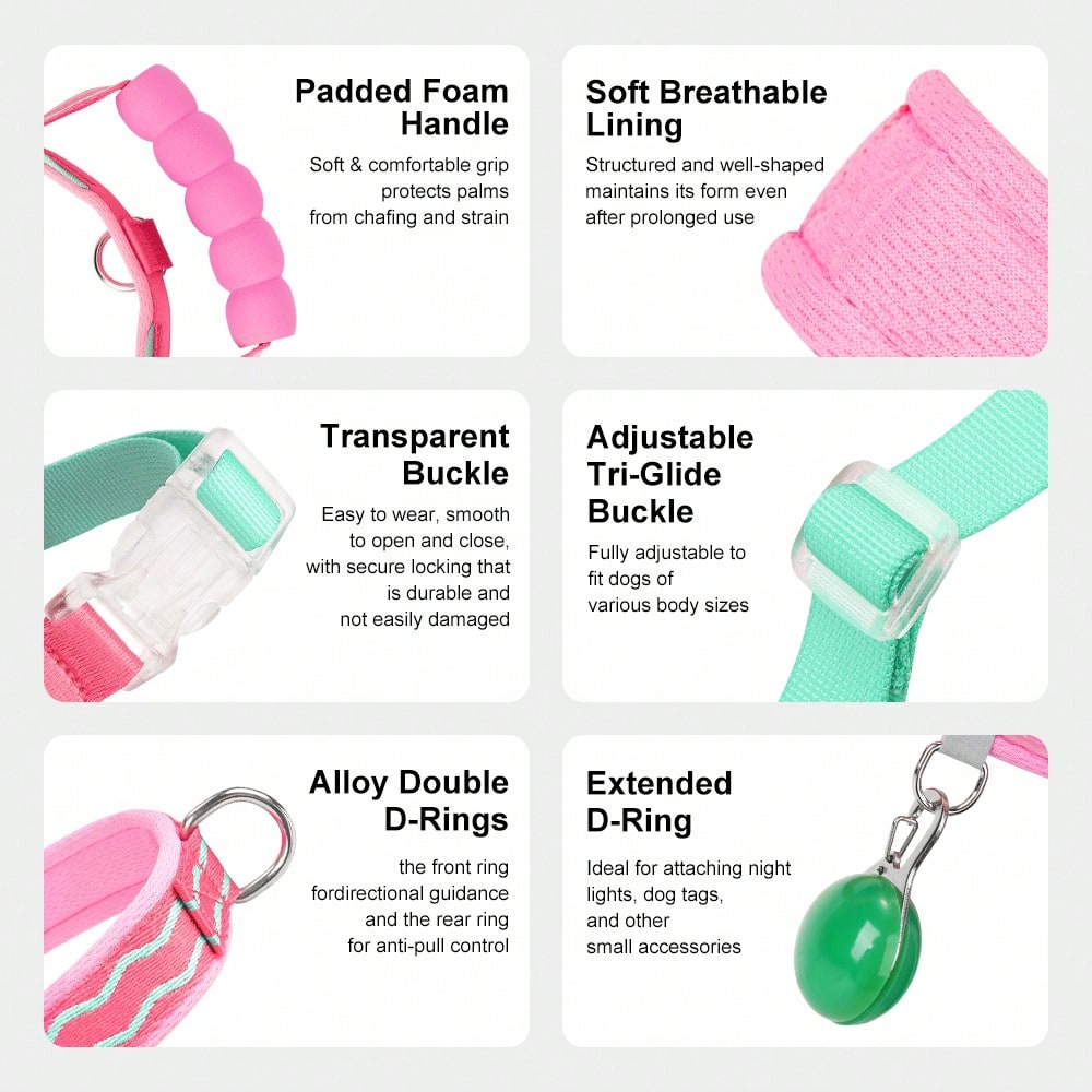 Pink polyester dog harness vest with top handle, D-ring leash attachment, adjustable straps, breathable mesh lining, and reflective wave pattern for small to medium dogs.