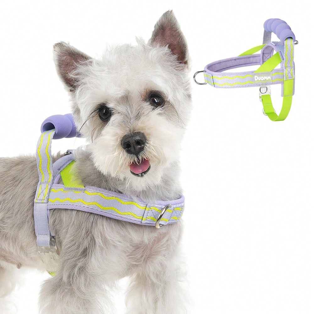 Multicolor foam dog harness with breathable mesh lining, top handle, D-ring leash attachment, adjustable strap, and reflective wave pattern for small and medium dogs