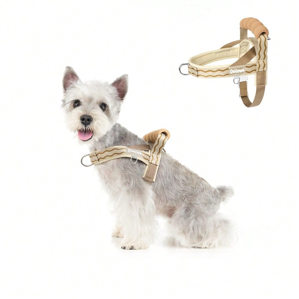 Multicolor foam dog harness with breathable mesh lining, top handle, D-ring leash attachment, adjustable strap, and reflective wave pattern for small and medium dogs