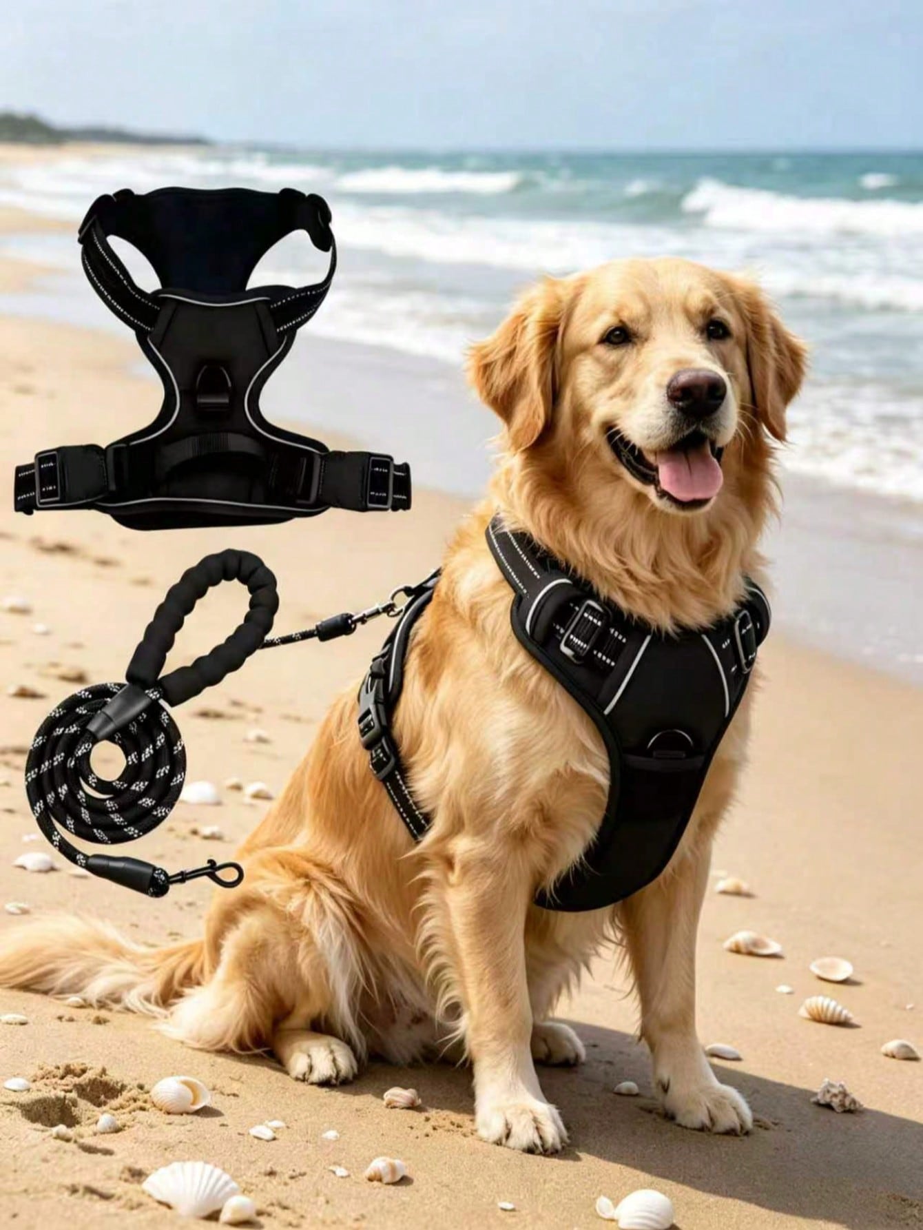 Reflective anti-pull dog harness and leash set with quick release buckle and comfortable thick handle for walking and training cats or dogs