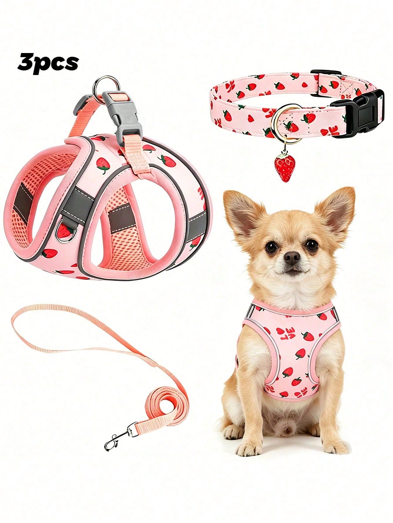 Multicolor polyester pet collar, leash, and chest strap harness set with strawberry fruit, geometric, and letter pattern for cats and dogs