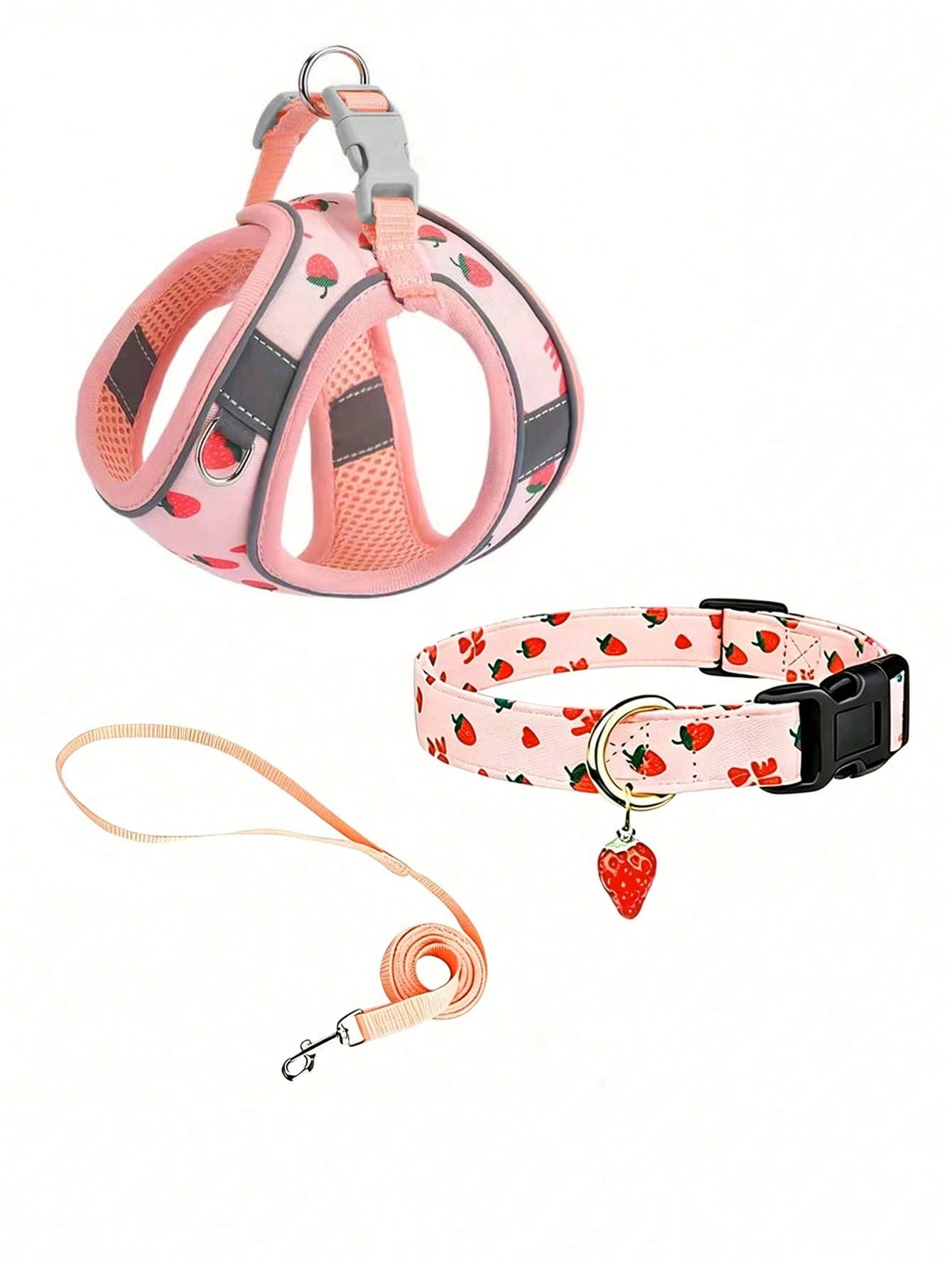 Multicolor polyester pet collar, leash, and chest strap harness set with strawberry fruit, geometric, and letter pattern for cats and dogs