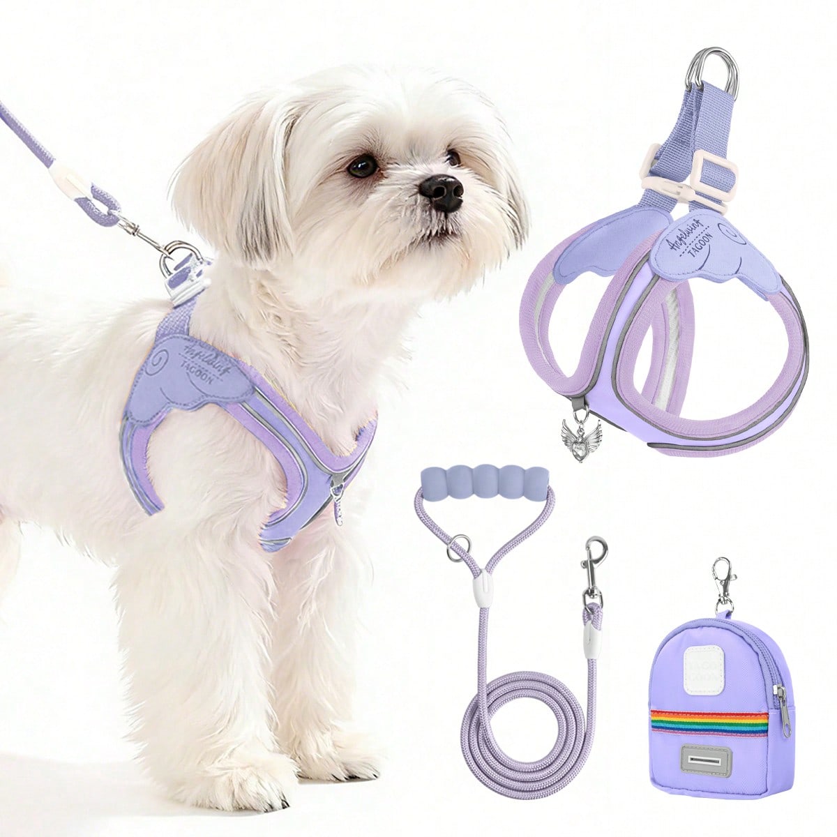 Multicolor colorblock polyester dog harness and leash set with lightweight chest strap and soft handle for small dogs and large cats